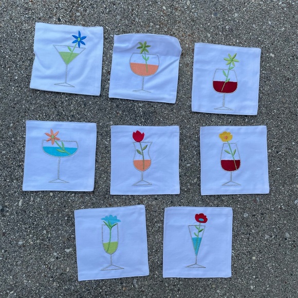 Crate & Barrel Blossoms Up 8 Piece Set Embroidered Cloth Cocktail Coaster Set - Picture 5 of 6